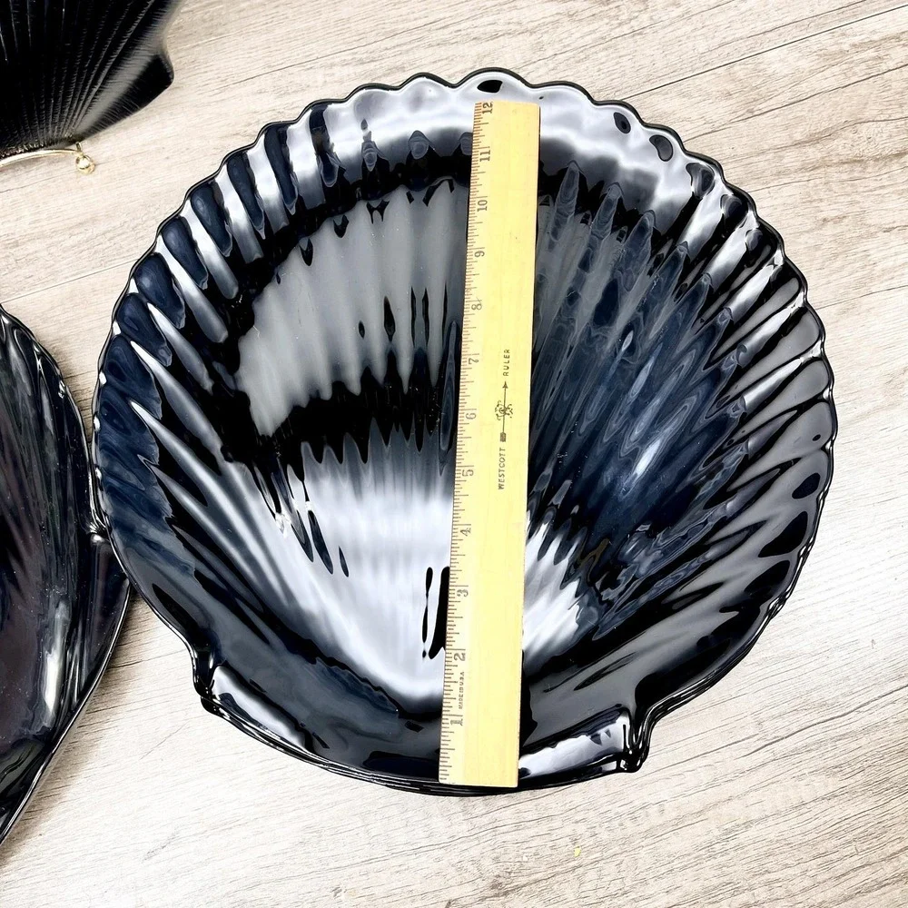 Vintage Arcoroc France Black Glass Seashell Plates Tableware Set of 6